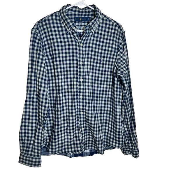 Ralph Lauren Soft Cotton Navy Gingham Long Sleeve Button Down Shirt Large Preppy - Picture 1 of 8